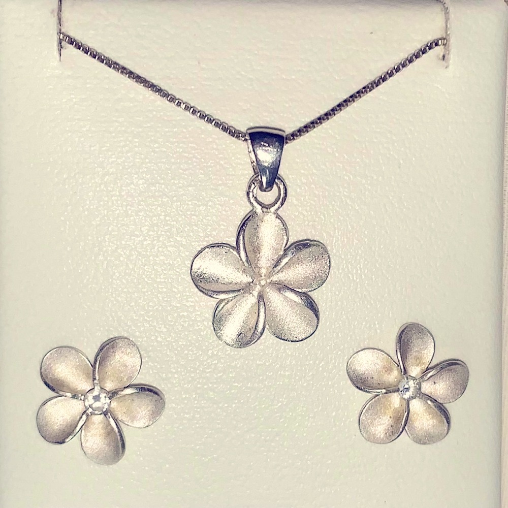 Plumeria Necklace and Earring Set Sterling Silver with Accent